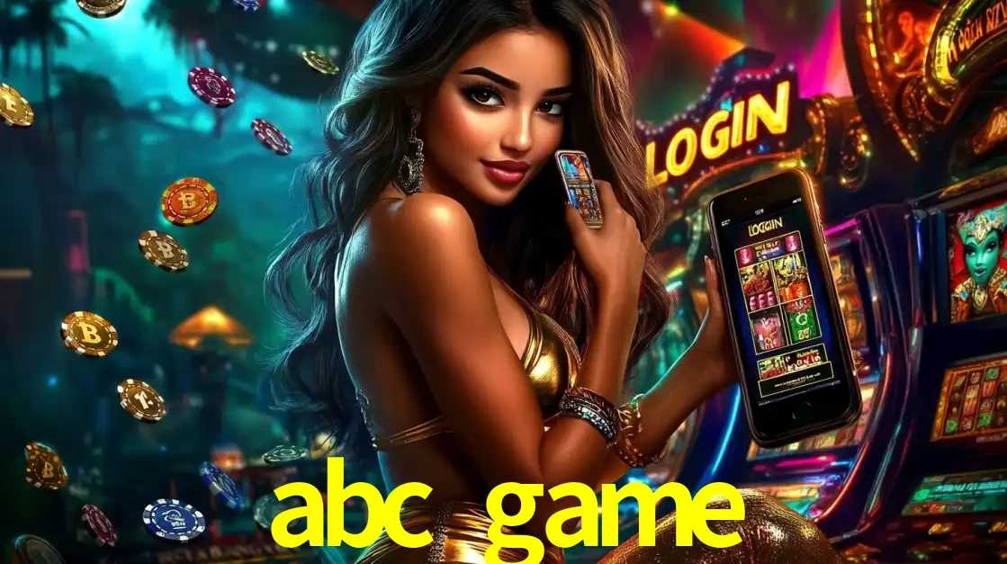 Mulher em um cenário de cassino temático de aventura, mostrando o app de caça-níqueis da abc game no celular. Fichas de apostas flutuam ao redor.