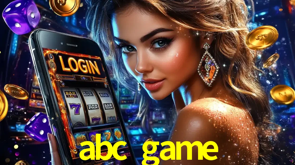 Mulher glamorosa segurando um smartphone com a tela de login para os jogos de caça-níqueis do cassino online abc game, com moedas de ouro e dados ao redor.